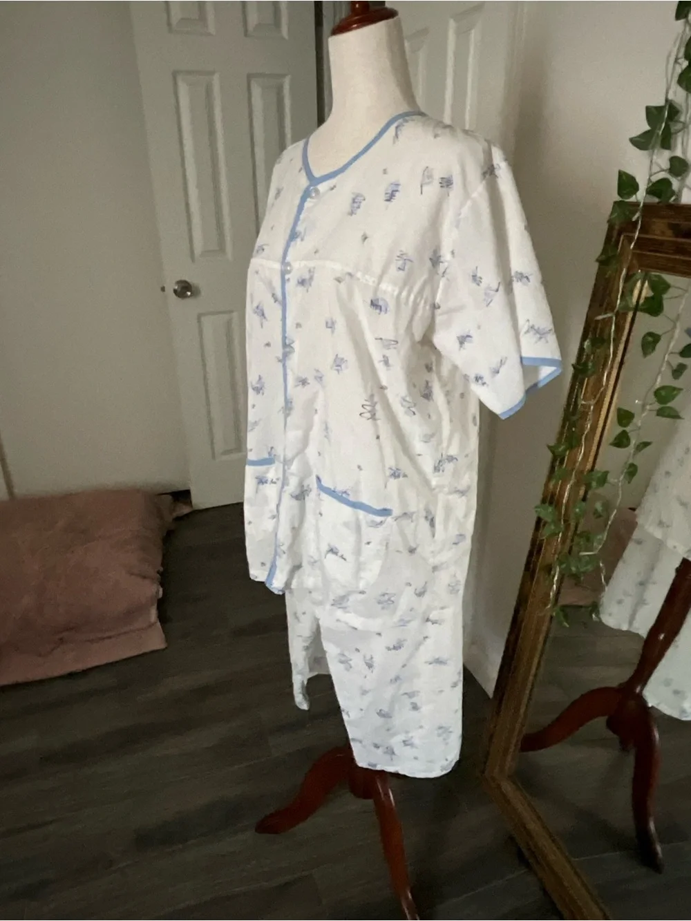Children's White Pajama Set with Blue Trim and All-Over Print